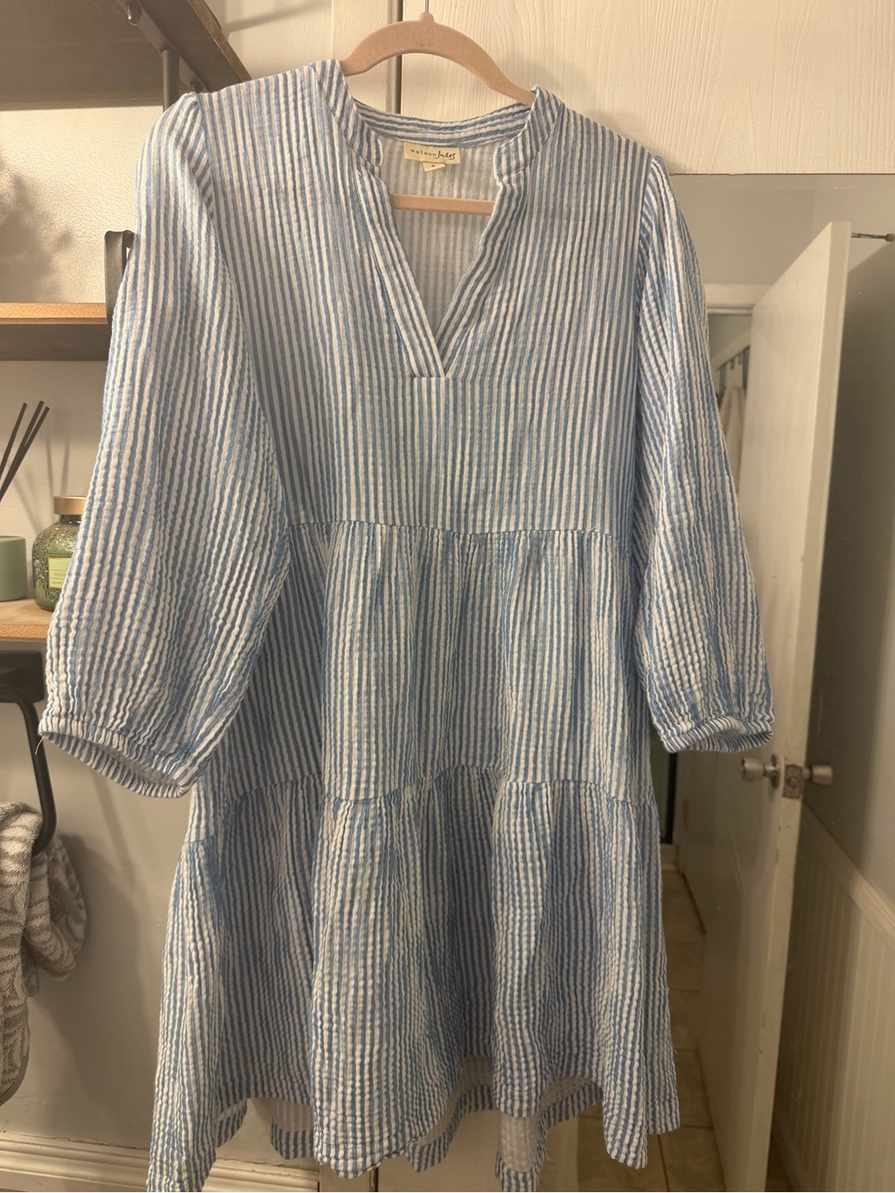 Maison Jules Blue and White Striped Tiered Casual Dress